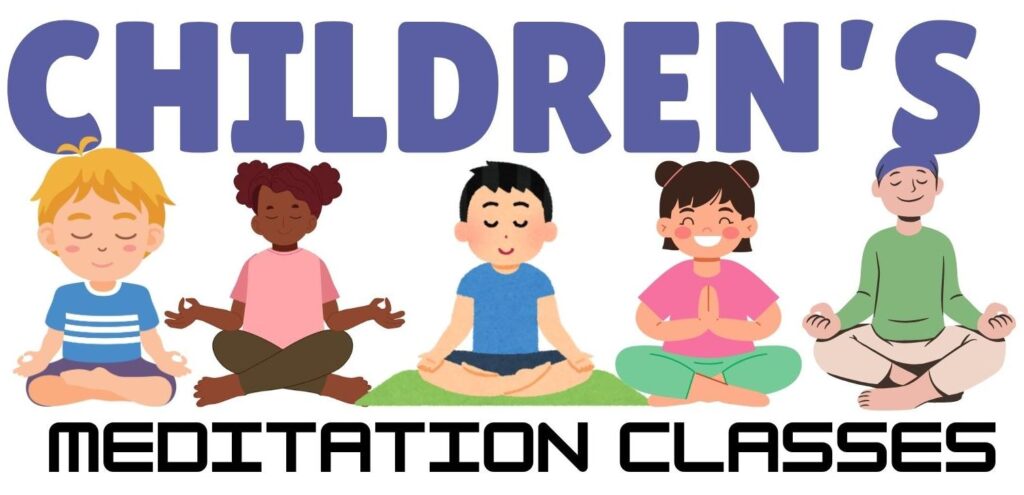 Childrens Meditation Classes. Five happy kids sitting and meditating.